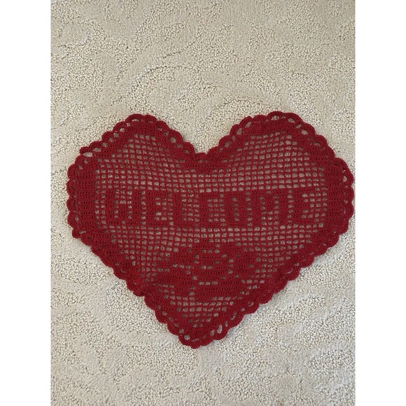 Handmade Crochet Red Heart Welcome Doily 100% Cotton - Picture 1 of 4